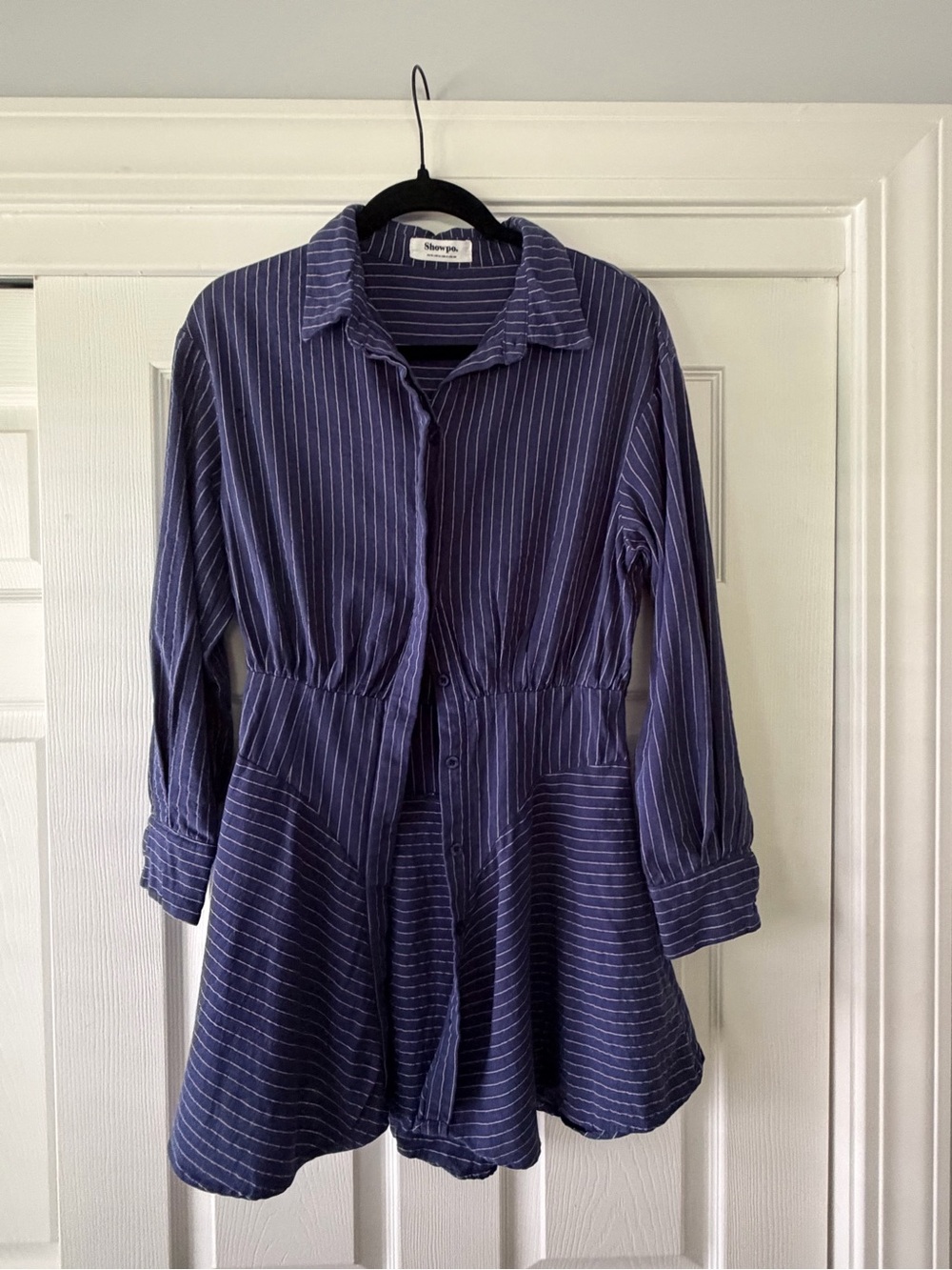 Showpo Navy Blue Pinstripe Long Sleeve Dress
